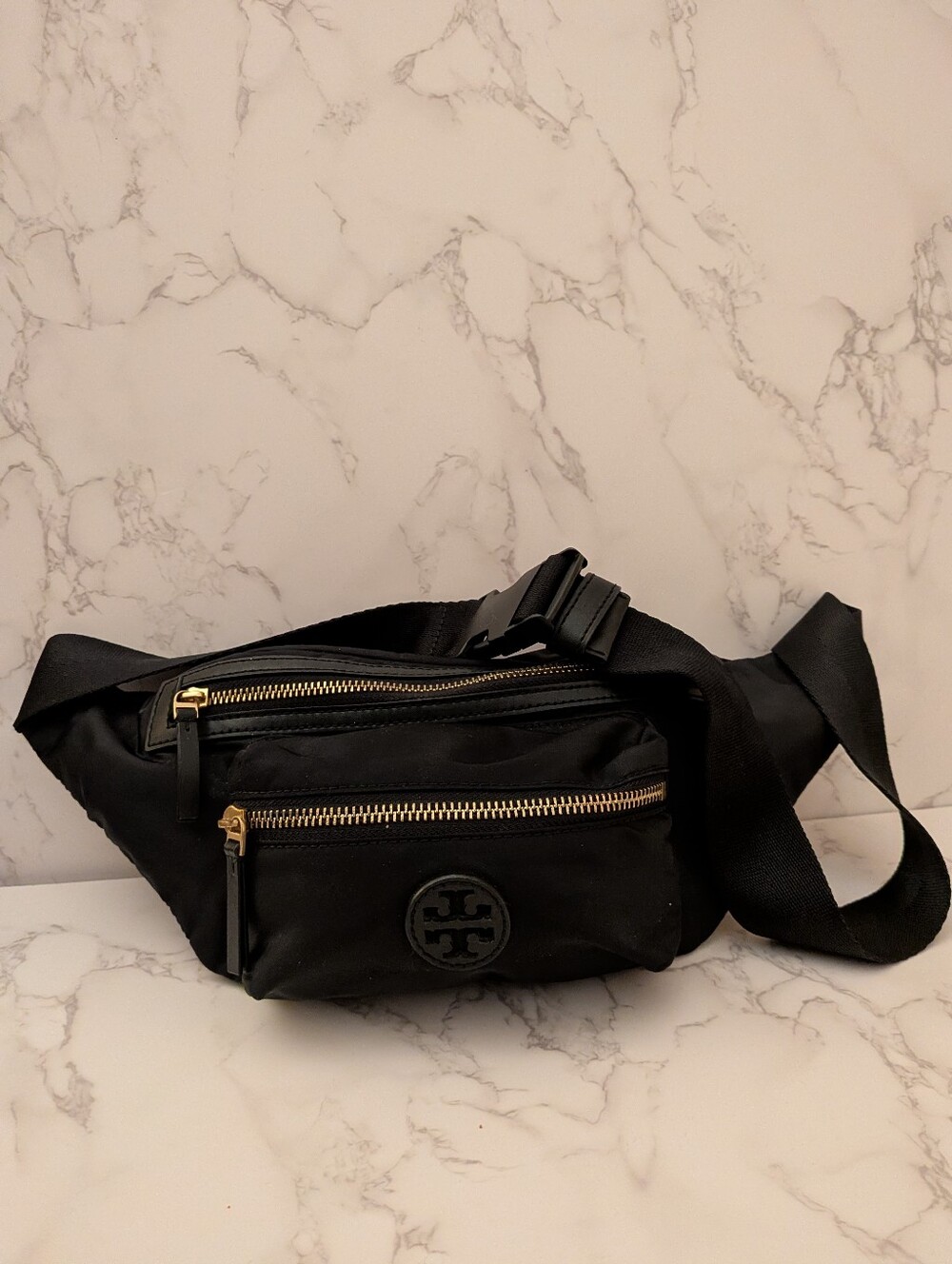 Tory Burch Black Nylon Belt Bag with Gold Zippers